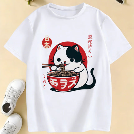 Japanese Style Cat Eat Ramen Design T Shirts Manga Kids Children's T-shirt Boys Girls Summer Spring Casual Top Tee