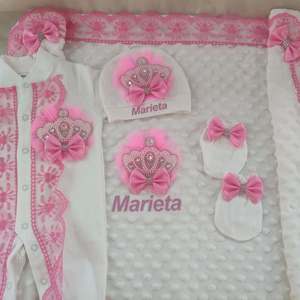 5pcs Handmade DIY Vinyl Name Personalized Baby Girl Newborn Jewels Crown Pink Take Me Home Layette 5 Piece Deluxe Gift Set