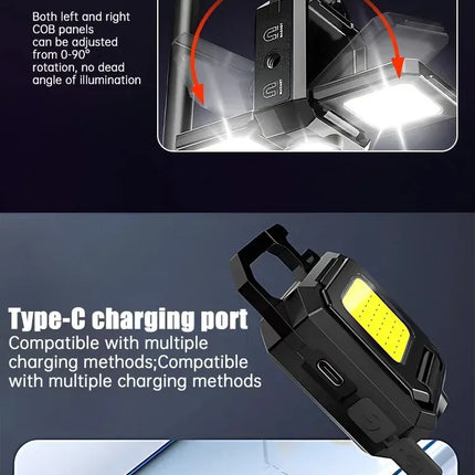 Mini Multifunctional LED Flashlight Keychain Light Double COB Lights USB Rechargeable with 90° Foldable Emergency Portable Light