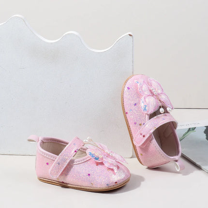 Shiny 3D Butterfly Princess Dress Shoes for Baby Girl Glitters Flats Non-Slip Crib Shoes Walking Shoes for Toddlers Infants