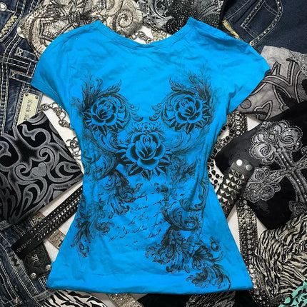 Women's Y2k Grunge T-Shirts 2000s Vintage Rhinestone Print Heart Rose T-Shirt Aesthetics Harajuku Round Neck Tops street fashion
