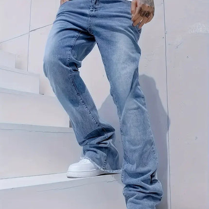 Men's Streetwear Slim Flared Jeans, Y2K Minimalist Washed Denim, Versatile Casual Pants for All Seasons.