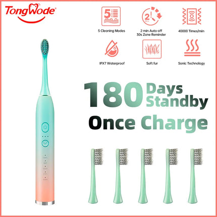 Tongwode Electric Sonic Toothbrush Rechargeable Waterproof Electronic USB Charge Whitening Tooth Brushes Replacement Heads Adult