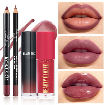 4Pcs/Set Velvet Lip Combo Set Matte Lip Liner Lipstick Lip Oil Nude Lip Gloss Long-lasting Waterproof Lip Look Lip Makeup