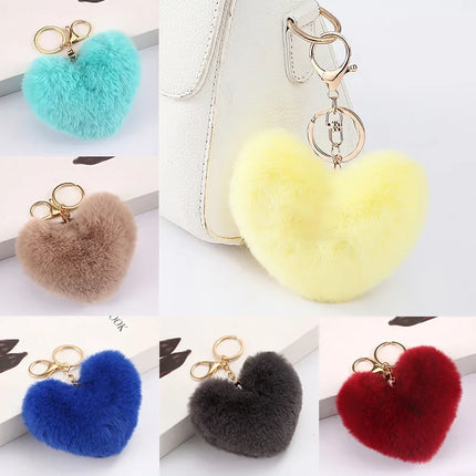 Rainbow Plush Ball Keychain Large Heart Pompom Key Chain for Women Car Bag Pendant Fashion Jewelry Fluffy Love Pompons Keyring