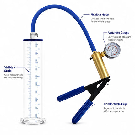Sex Toys Vacuum Pump Trainer with Clear Acrylic Measuring Cylinder Blue Hose Metal Pressure Gauge and Manual Air Control Handle