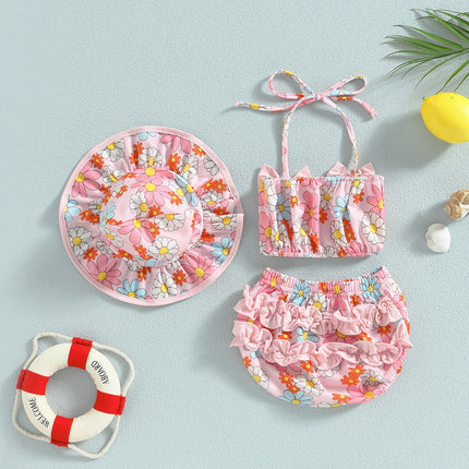 Citgeett Summer Infant Baby Girl Swimsuits Fruit Print Bandage Halterneck Sleeveless Tops Beach Shorts and Hat Swimwear