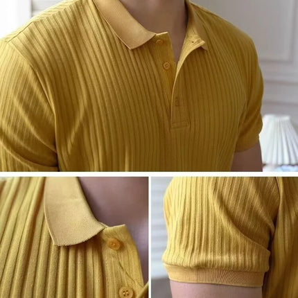 Vertical Stripe Knit Polo Men's Shirts Summer New Slim Solid Color Breathable Turn-Down Collar Business Short Sleeve Polo Tops