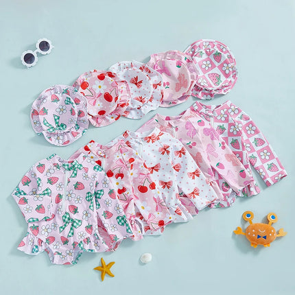 Toddler Girls Long Sleeve Rash Guard Swimsuits with Sun Hat Sets Bow Pattern Zip Up Swimwear Infant Baby Beach Bathing Suits