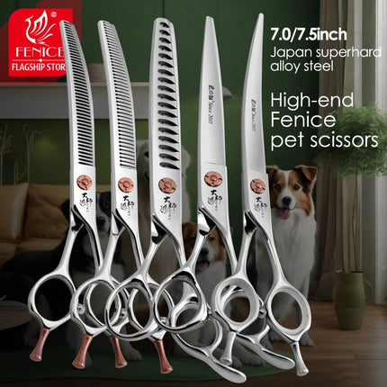 Fenice Japanese Steel 7 Inch Professional Pet Dogs Grooming Scissors Kit Straight&Curved &Thinner&Chunker&Fluffy Shear Scissors