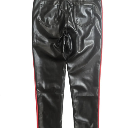 New Men's Black PU Leather Side Color-blocking Punk Style Street Casual Pants Motorcycle Leather Trousers Four Season Pants Male