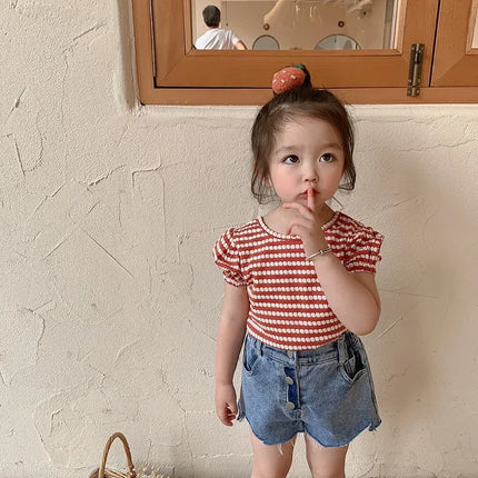 2024 Summer New Korean Style Baby Girls Striped T-shirts Bowknot Backless Puff Sleeve Tops Toddlers Kids Tees