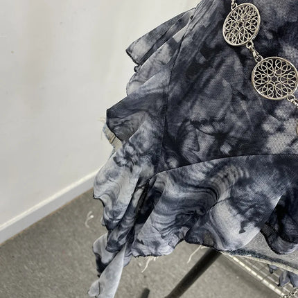 Women's Vintage Tie-dye Printed Mesh Spaghetti Strap Camisole Hot Girl Irregular Ruffled Ribbon Sleeveless Top Partyclub 1185