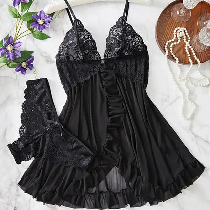 New Blue Contrast Lace Ruffle Trim Lingerie Set Deep V Dress And Thong Women's Sexy Sleepwear Underwear Hollow Bra Panty Sling