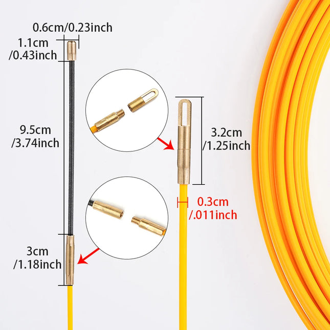3MM 5M-50M Fiberglass Cable Puller Stainless Steel Yellow Household Wall Wire Guide Rail Fiberglass Electrician Push Tape Drawer