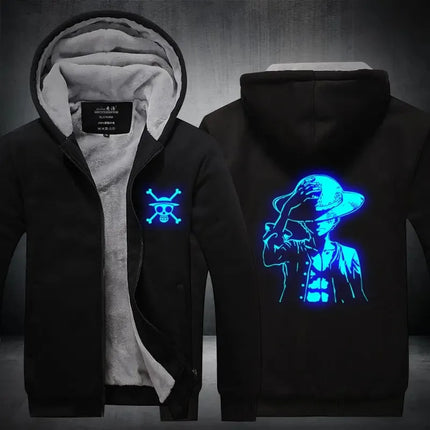 Luffy Men Jackets Streetwear Printed At Night Sweatshirts One P Thicken Fleece Hoodies Homme Winter Clothes Keep Warm Hoodie