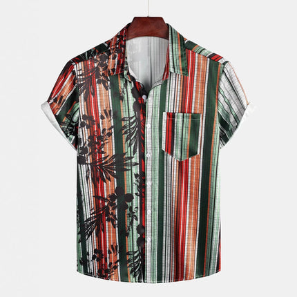 Summer Mens Striped Floral Patchwork Hawaiian Shirt 3D Print Short Sleeve Pocket Casual Oversized Beach Camisa Havaiana Listrada