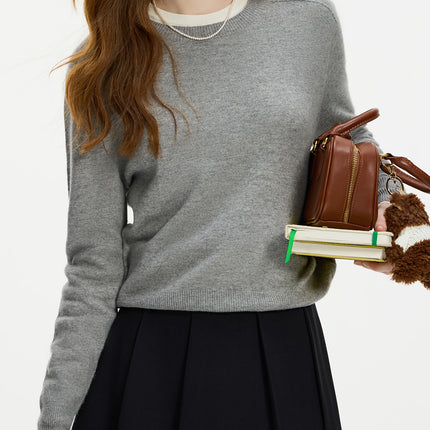 FSLE 100% Wool Seamless One-piece Knit Shirt Sweater For Women Autumn Winter New Design Wool Crew Neck Versatile Casual Sweater