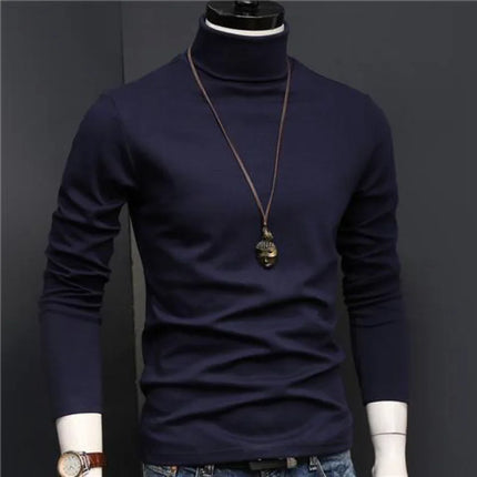 2026 Spring New Men's Turtleneck T-shirt Long Sleeve Slim Fit Solid Color High Elastic Bottoming Pullovers Basic Style Male Tops