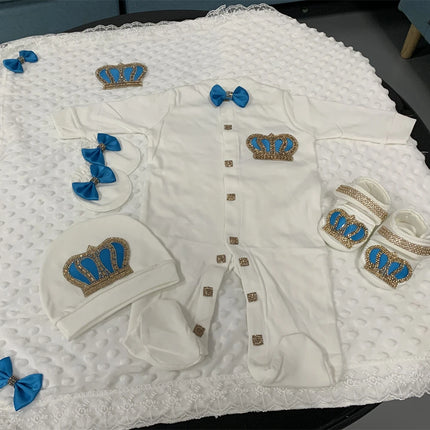 Baby Girl Boy Princess Prince Hospital Exit Newborn Bling Outfits Baby Bottles Gift Set Baby Shower Gift 5pcs Crown Romper