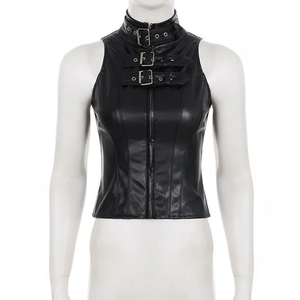 Punk Street Style Spice Girl Turtleneck Metal Buckle PU Leather Vest Slim Fit Sexy Short Sleeveless Top