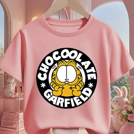 Summer Garfield Fashion T-Shirt Children Boys Girls Cute Kawaii Cartoon Crew Neck Street Casual Wear 3-14T