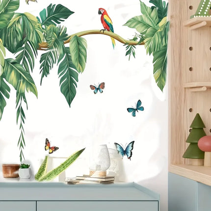 Tropical Parrot Butterfly Palm Tree Wall Stickers  Green Plant Jungle Nature Wall Decals Bedroom Bathroom Kitchen Home Decor
