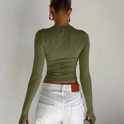 Basic Crewneck Casual Crop Tops for Women Y2K Solid Skinny Long Sleeve Slim Fit Stretchy Cropped Tees T-Shirts with Thumb Holes