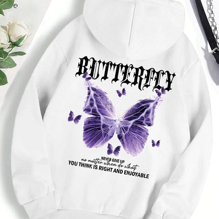 Beautiful Purple Butterfly Printing Hoodies Women Fleece Pocket Hoody Simple Casual Hoodie Autumn Loose Female Streetwear