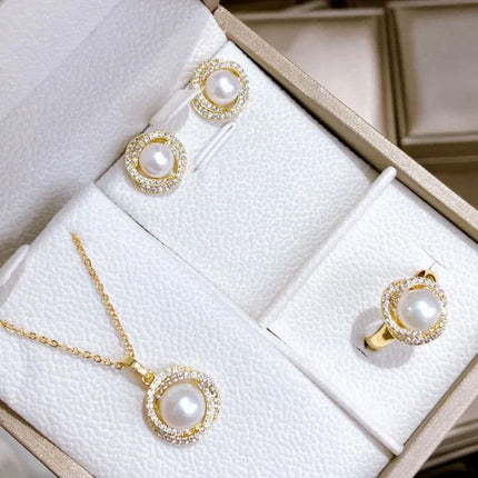 Pearl high-end stud earrings, temperament ear jewelry, high-end fashion necklace, ring set.