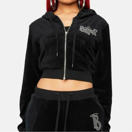 European American Casual Sports Cardigan Zipper Top Personalized Letter rhinestone Short midriff-baring Hoodie Women's Clothing