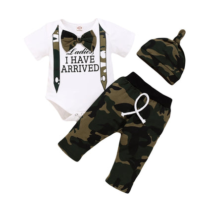0-18Months Newborn Baby Boys Clothing Set Letter Print Short Sleeve Bodysuit with Bow + Camouflage Print Long Pants + Hat