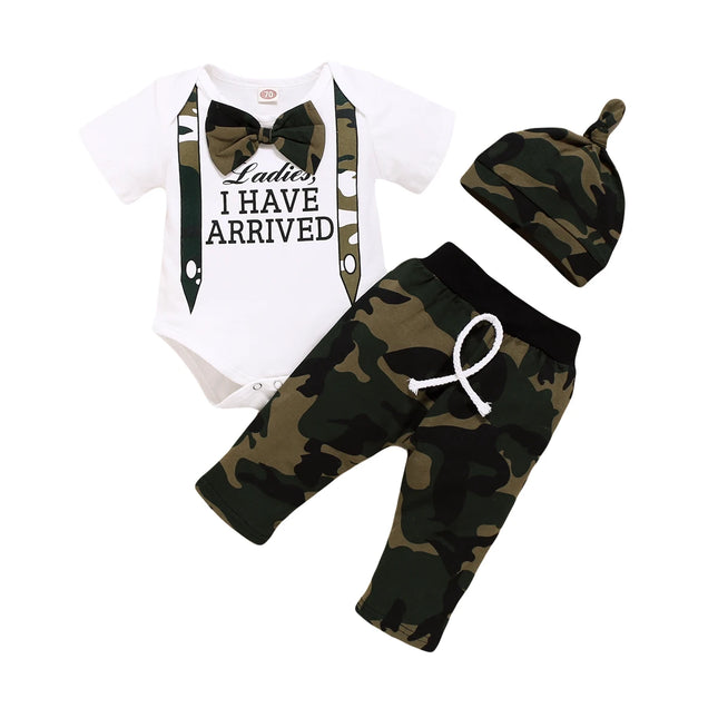 0-18Months Newborn Baby Boys Clothing Set Letter Print Short Sleeve Bodysuit with Bow + Camouflage Print Long Pants + Hat