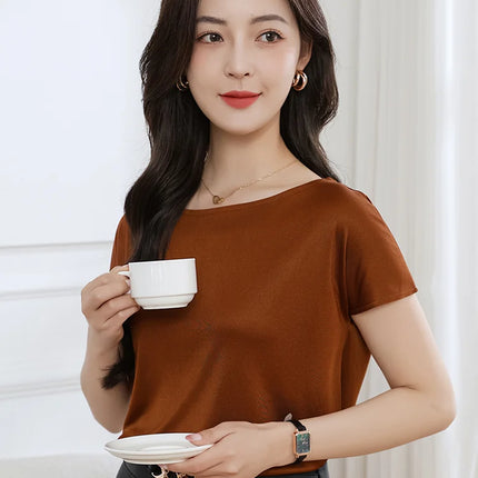 Summer women's short sleeved acetate fabric high-end knitted women's T-shirt thin European style hot selling women's T-shirt