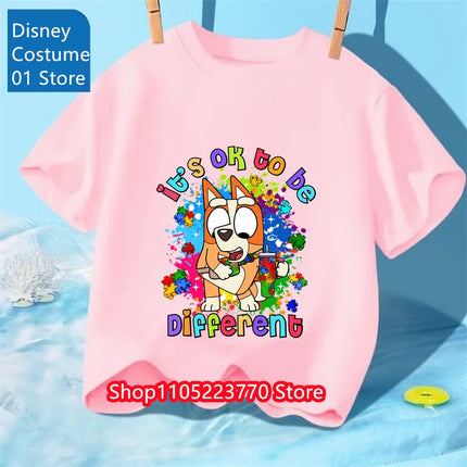 Bluey Themed Kids T-Shirt Boys Girls Autumn Winter Cartoon Graphic Short Sleeve Tee Daily Wear Top