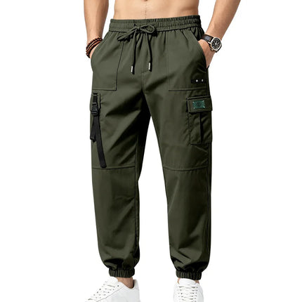 2026 New Men Streetwear Multi Pocket Decor Strap Cargo Joggers Elastic Waist Loose Ankle Lightweight Outdoor Casual Work Pants