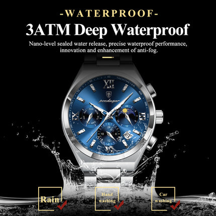 POEDAGAR Fashion Functional Men's Wristwatch Luminous Week Date Business Watch For Men Stainless Steel Sports Men's Quartz Watches