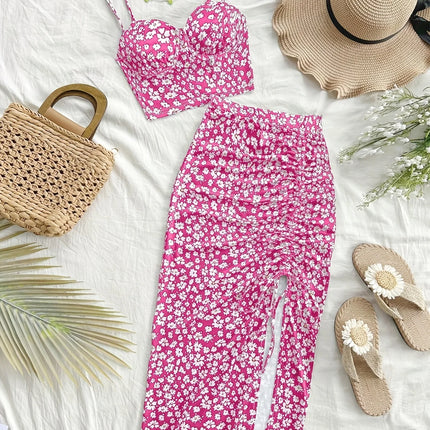 Summer Tops Women's Dress 2 piece suit swimsuit seaside vacation printed suspender Backless Slim top side slit skirt Party Dress