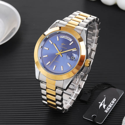 Ricecgo 1Pc Men's Classic Quartz Watch - Business Style, Round Dial, Bar Scale, Dual Calendar Display, Stainless Steel Strap, Quartz Movement, Suitable for Daily Wear, Ideal Gift for Birthdays or Special Occasions