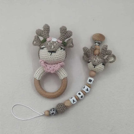Baby Rattle Crochet Bear Teether Rattle With Bells Pacifier Chain Newborn Montessori Educational Toy Wooden Rings Baby Toys