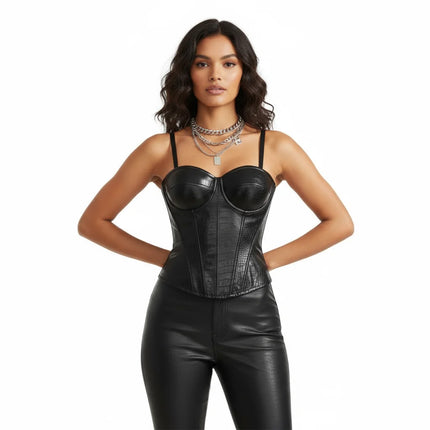 PU Leather Fishbone Strapless Bralette Tank Top Women's Sexy Slim Fit Summer Innerwear Outerwear Waist Cinching Bandeau