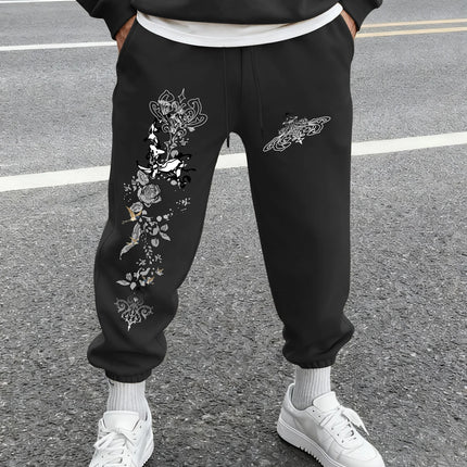 Men's Gothic Vintage Deer Rose Scroll Floral Print Sweatpants Elastic Waist Soft Dark Punk Street Hip Hop Joggers