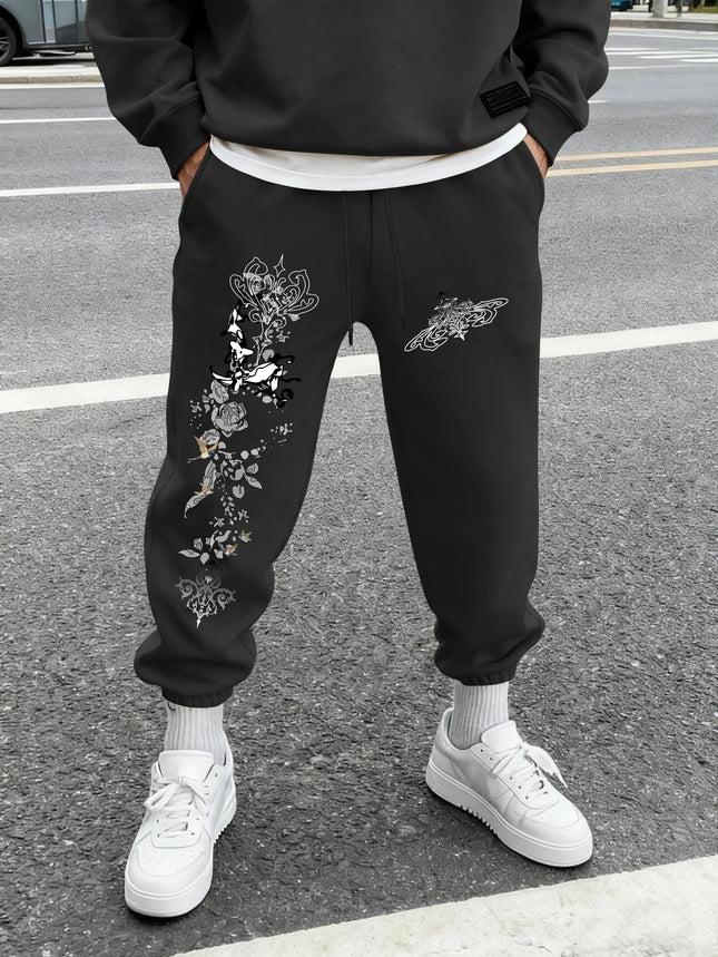 Men's Gothic Vintage Deer Rose Scroll Floral Print Sweatpants Elastic Waist Soft Dark Punk Street Hip Hop Joggers