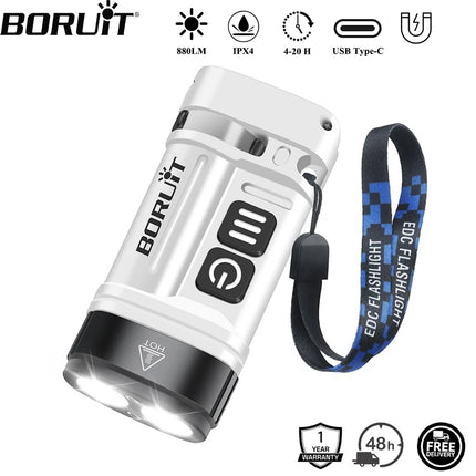BORUiT U10 880LM EDC LED Flashlight Work Light 14500/AA Battery Torch with Magnet Clip Waterproof Camping Pocket Lantern