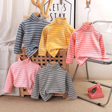 Kids Warm Top Autumn Winter Baby Boys Girls Striped High Collar Sweatshirt Children Leisure Bottoming Shirt