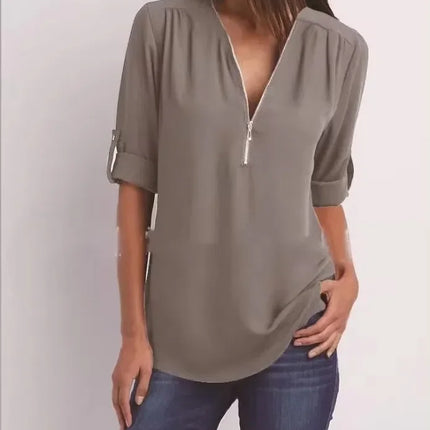 2025 Hot Sale Women Cool Loose Shirt Deep V Neck Chiffon Fashion Blouse Casual Ladies Tops Sexy Zipper Pullover Plus Size