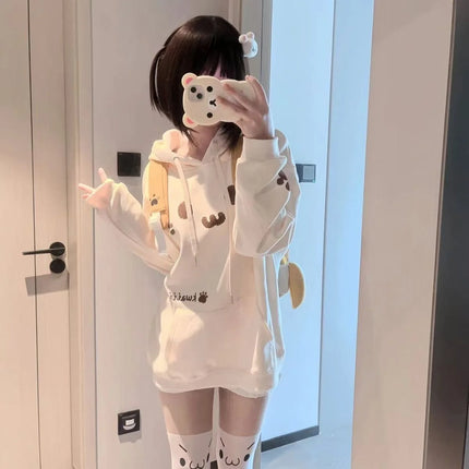 Japanese Y2k Aesthetic Cat Print Hoodies Harajuku Drawstring Sweatshirts Grunge Kawaii Pockets Women's Oversized Top 2026 New