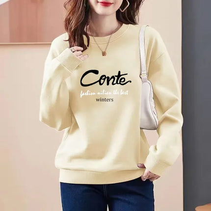 Thickened Fleece Women's Sweatshirt All-Match Comfortable One-Piece Velvet Winter Fashionable Cotton round Neck Printed Top