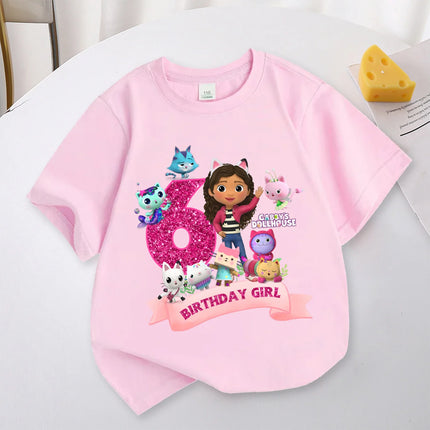 Gabby's Dollhouse Birthday Number T-shirt Girls White Pink Short Sleeve T-shirts Tops Cotton Summer Casual Party Supplies Tee