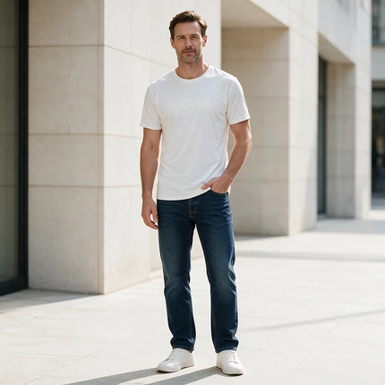 Men Embossed Letter Short Sleeve T Shirt Soft Stretch Regular Fit Versatile Daily Street Vacation Leisure Summer Casual Tops